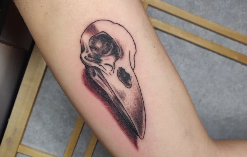 realistic raven skull tattoo in black and grey